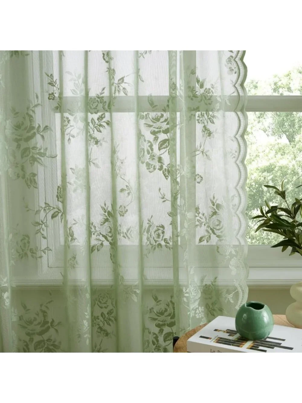 Sage Green Floral Lace Curtains 84
